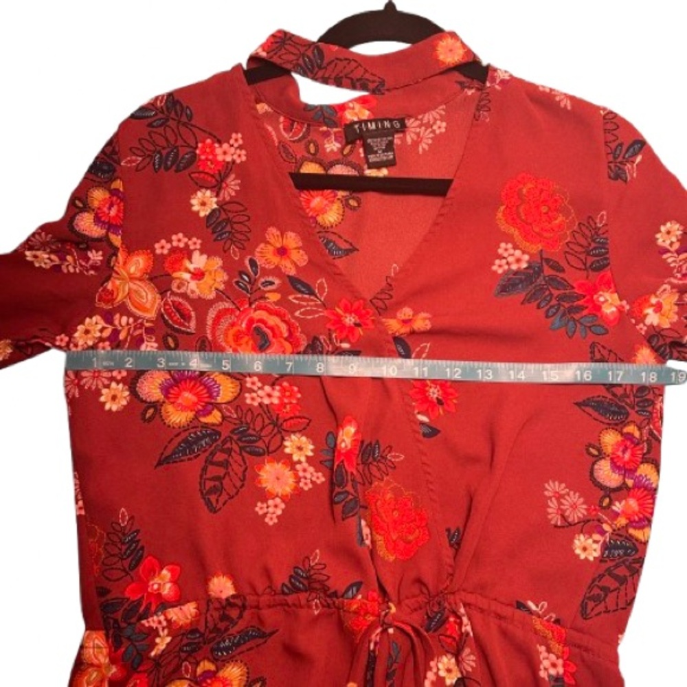 Red Floral Romper Attached Choker. Long 3/4 Sleeve Size Medium Timing Mini - Picture 12 of 13